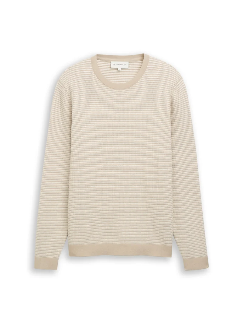 striped crew neck pullover, structured stripe beige white