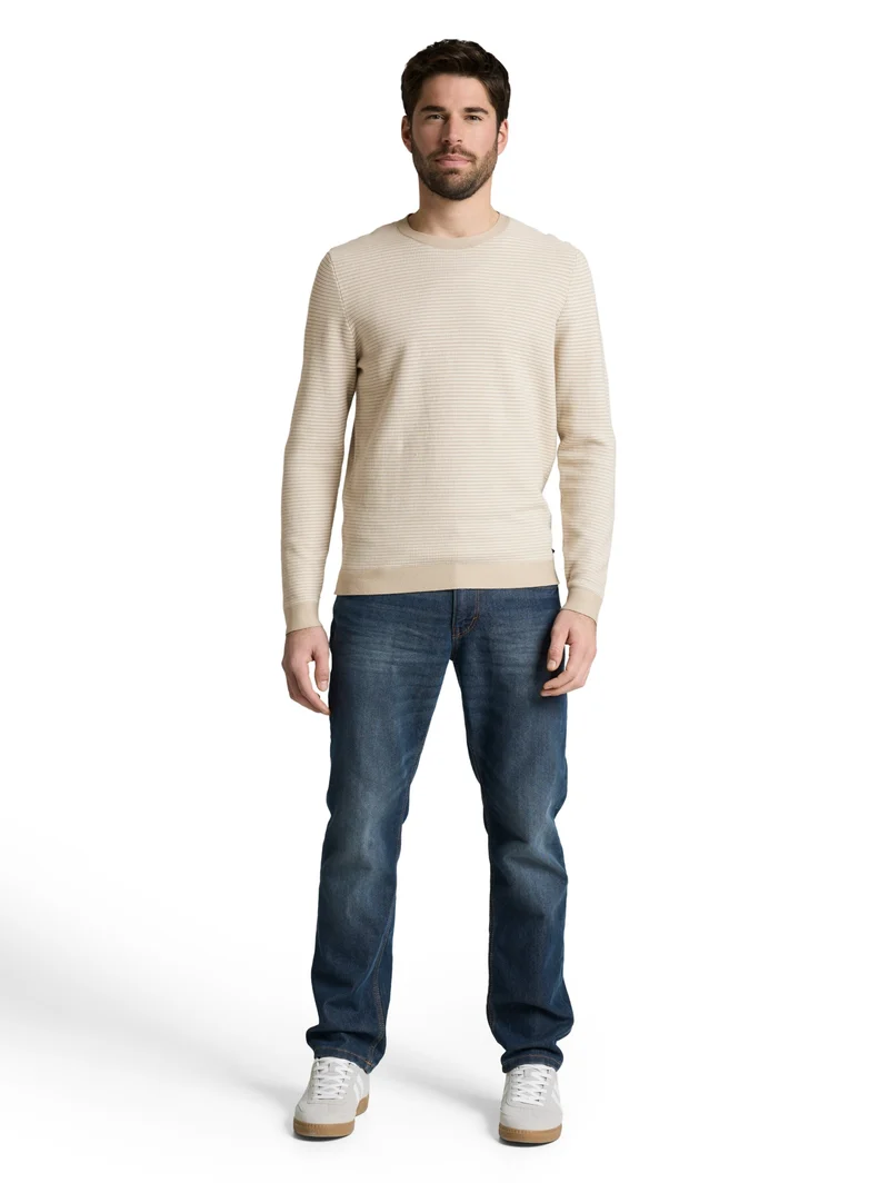 striped crew neck pullover, structured stripe beige white