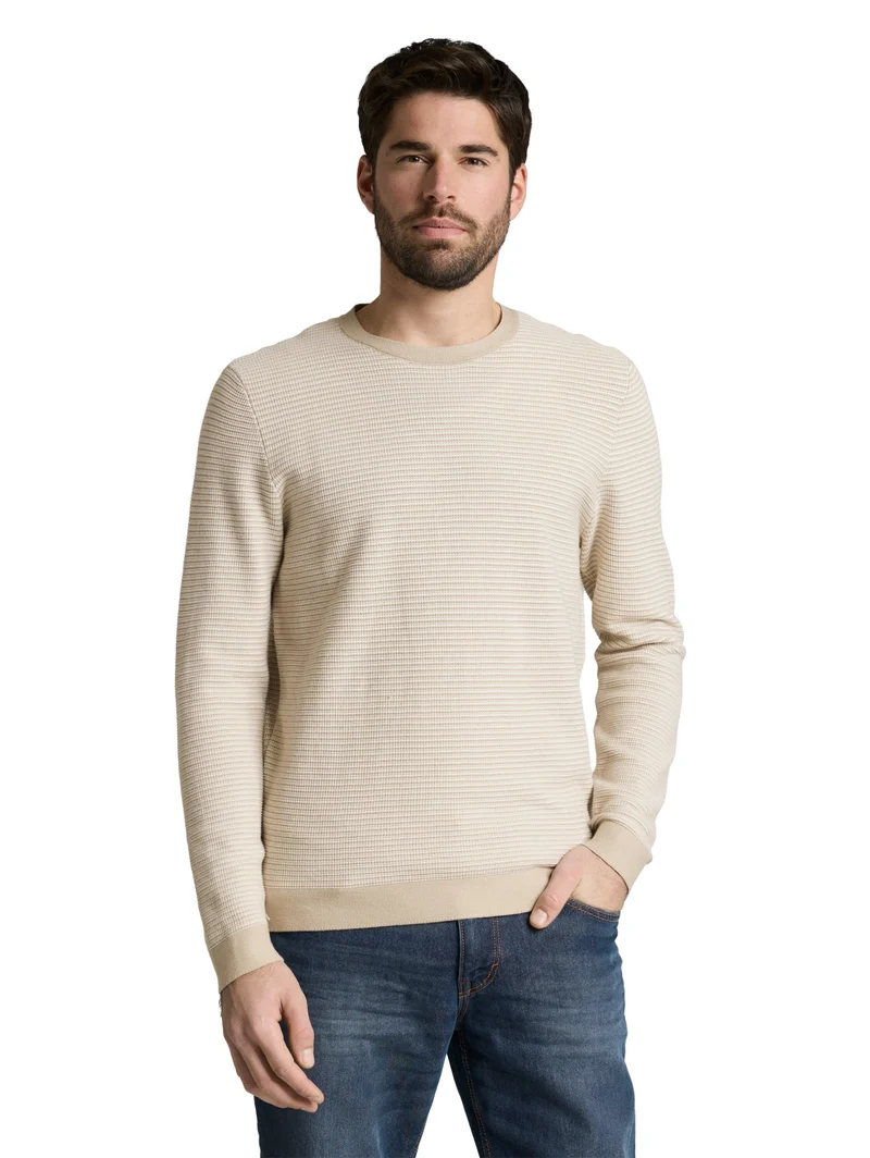 striped crew neck pullover, structured stripe beige white