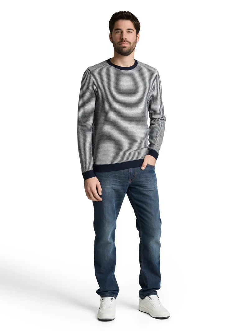 striped crew neck pullover, structured stripe navy white