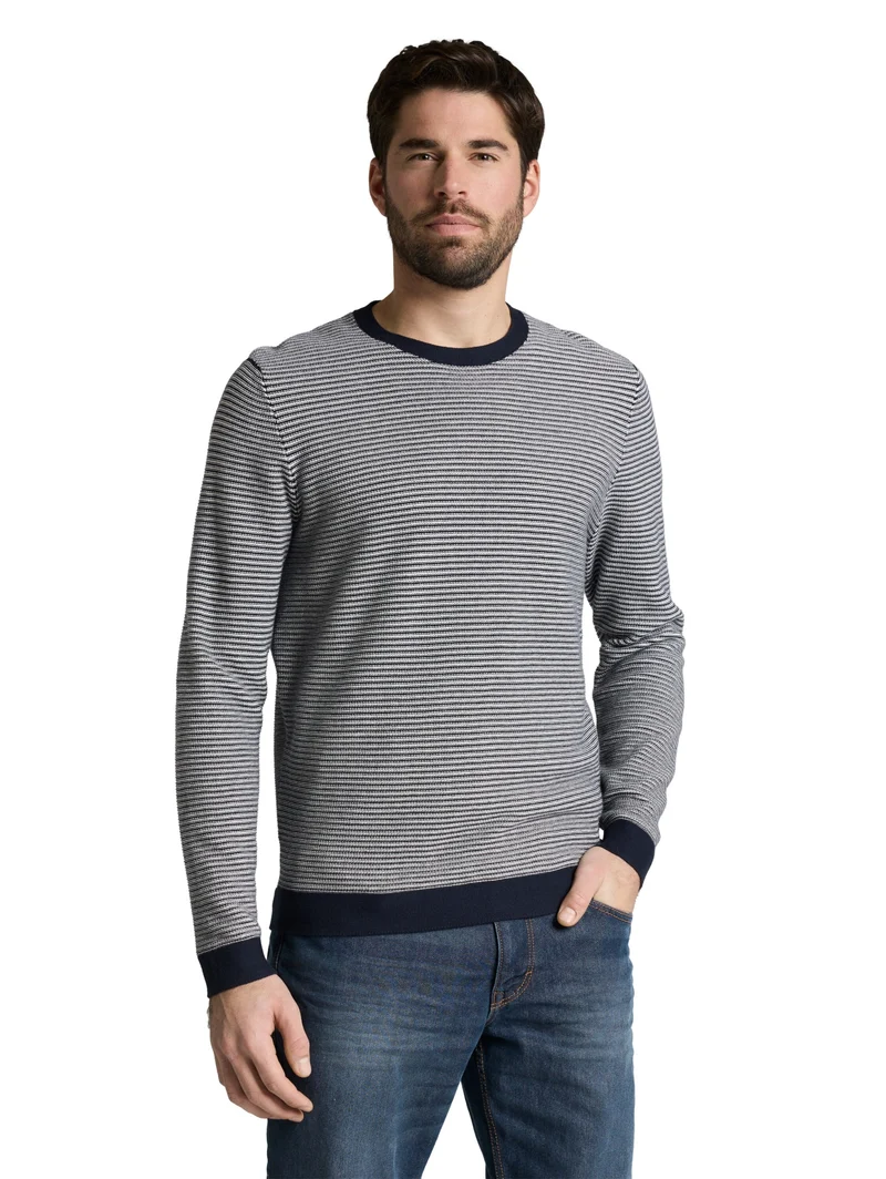 striped crew neck pullover, structured stripe navy white