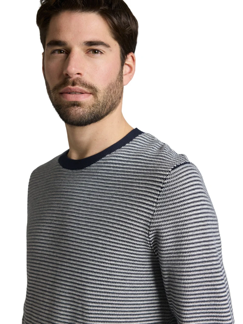 striped crew neck pullover, structured stripe navy white