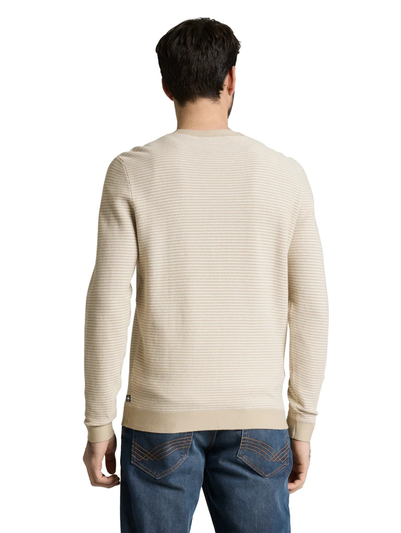 striped crew neck pullover, structured stripe beige white