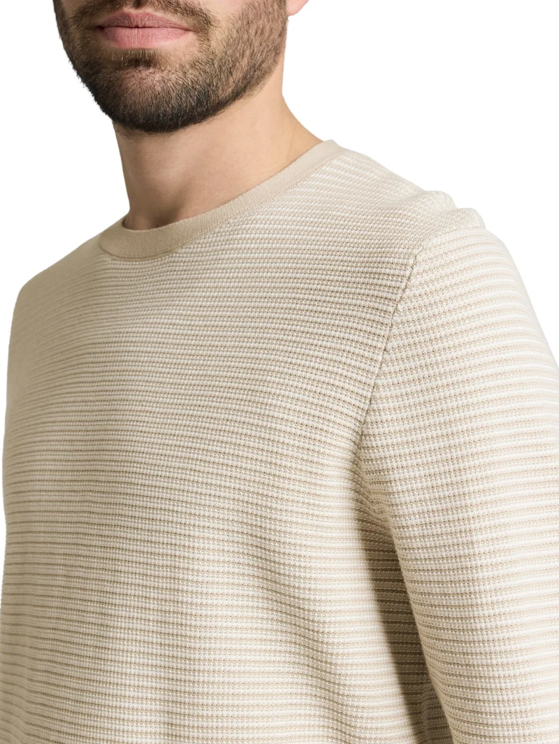 striped crew neck pullover, structured stripe beige white