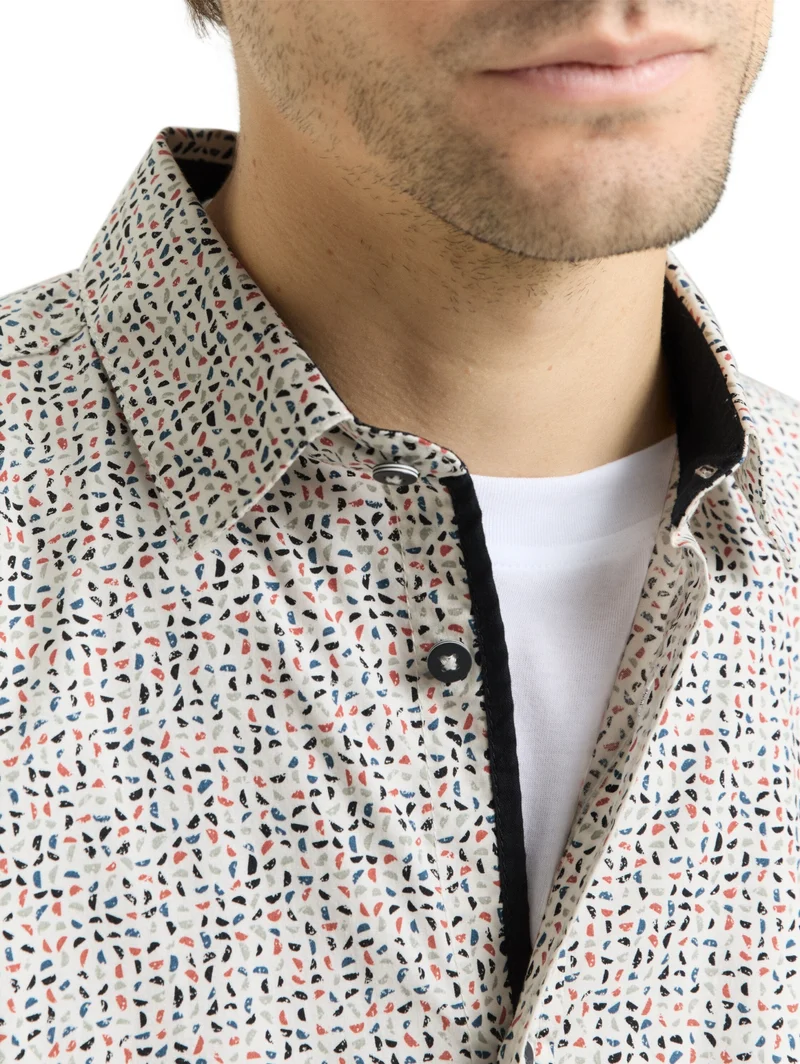 fitted printed shirt, white abstract design