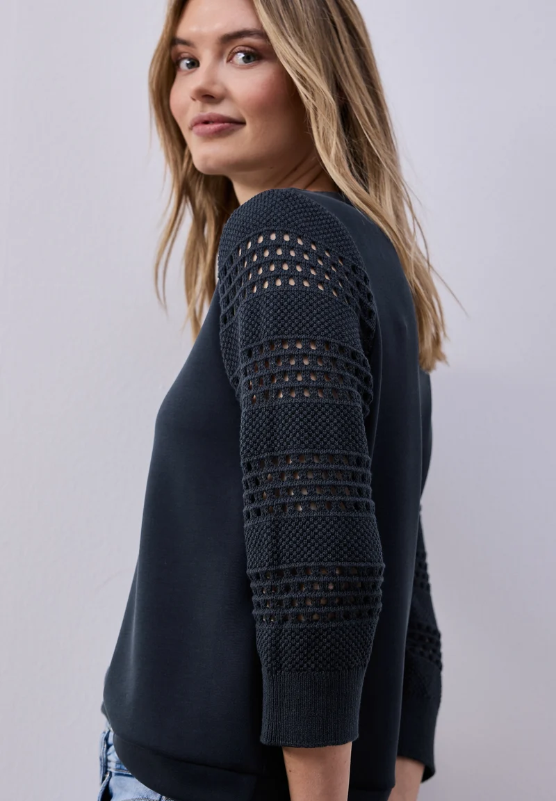 silk look shirt w.knit sleeves, shadowed navy