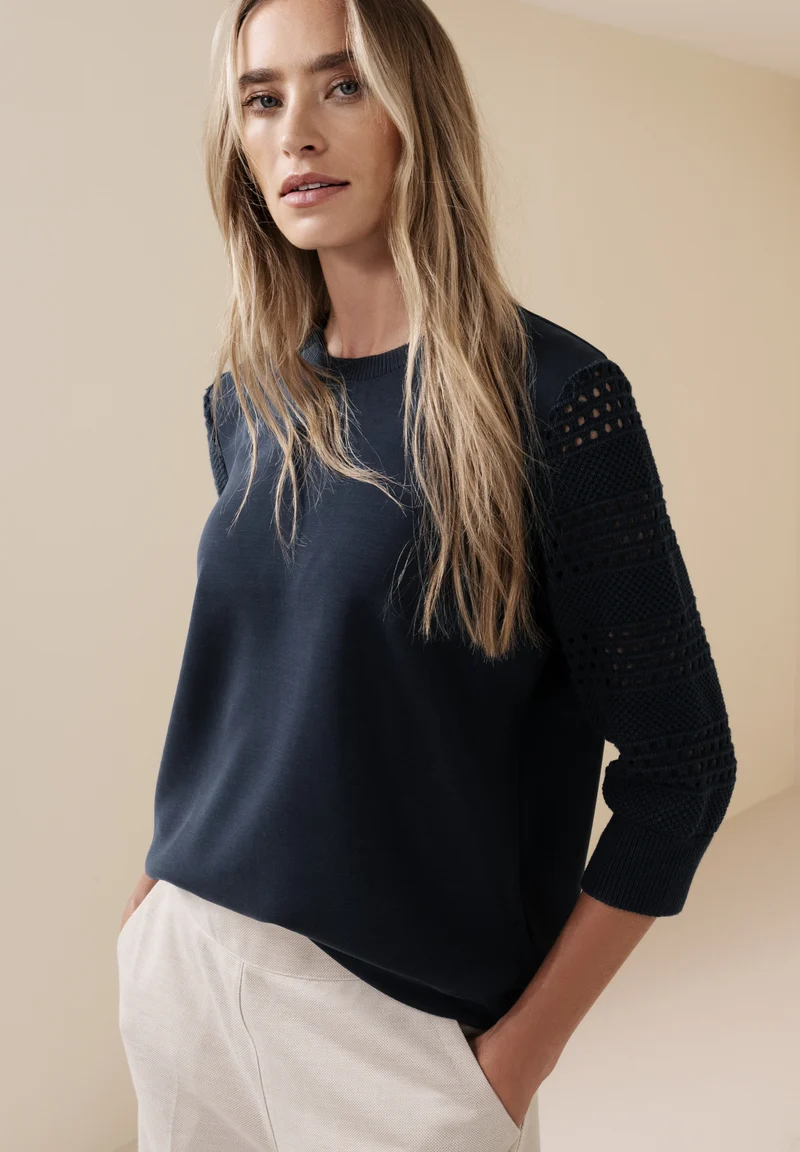 silk look shirt w.knit sleeves, shadowed navy