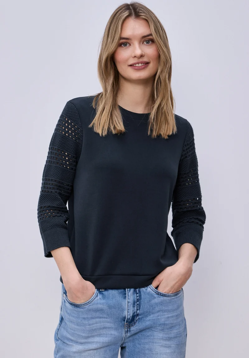 silk look shirt w.knit sleeves, shadowed navy