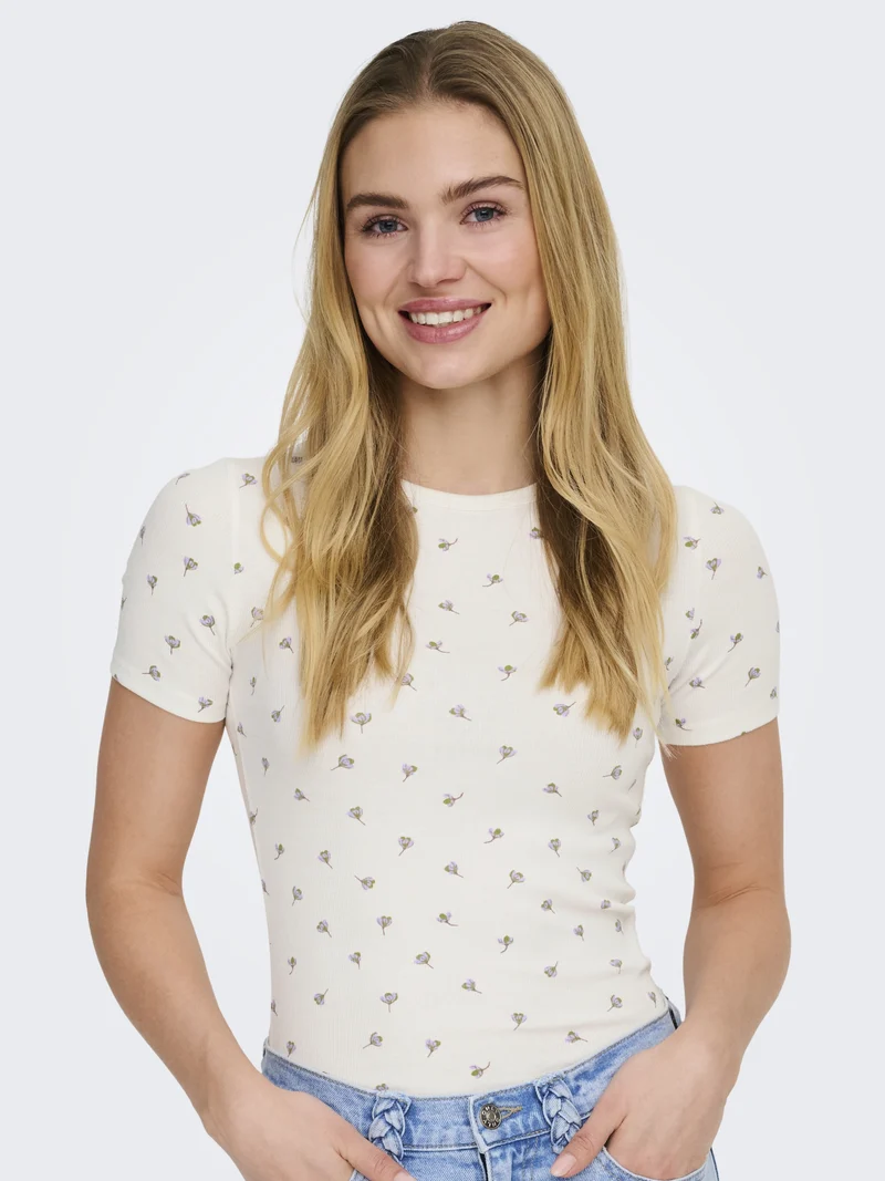 JDYLUCKY S/S O NECK TOP JRS NOOS, Cloud Dancer/POPPY FLOWER
