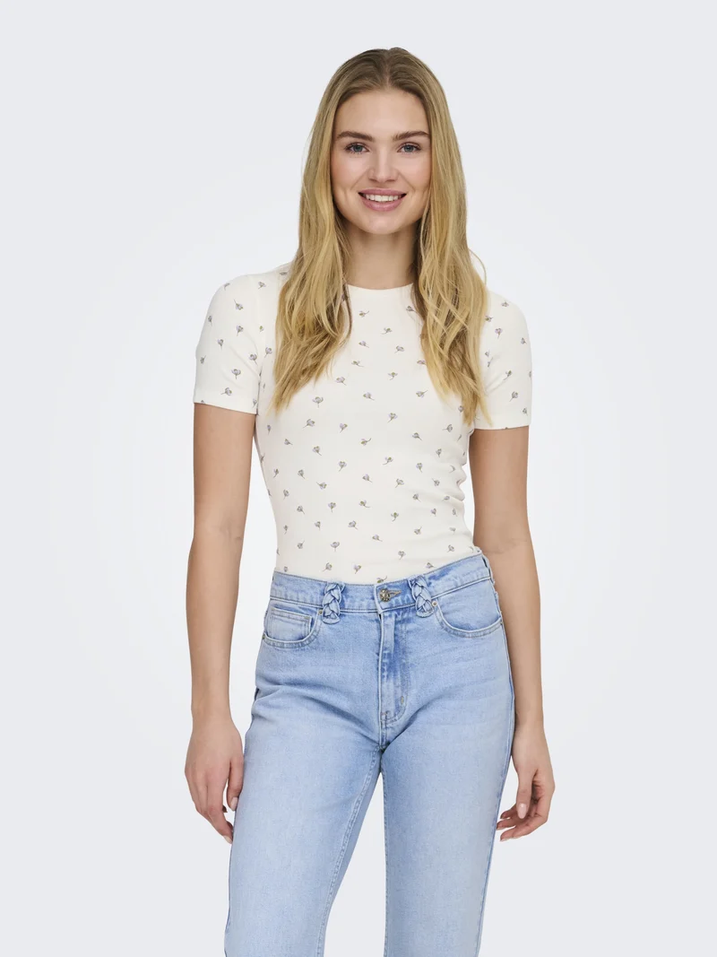 JDYLUCKY S/S O NECK TOP JRS NOOS, Cloud Dancer/POPPY FLOWER