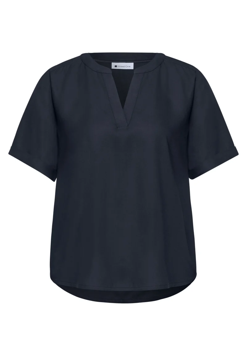 QR Splitneck blouse w turn-up, shadowed navy