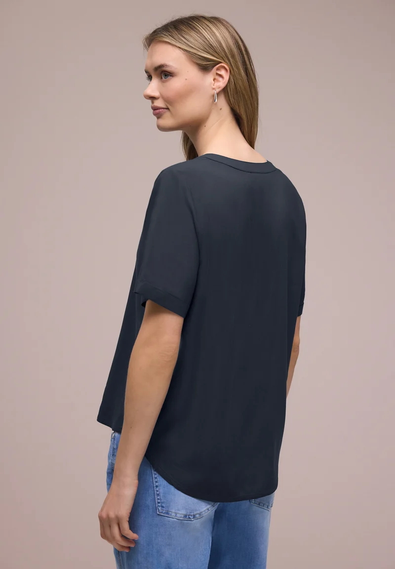 QR Splitneck blouse w turn-up, shadowed navy