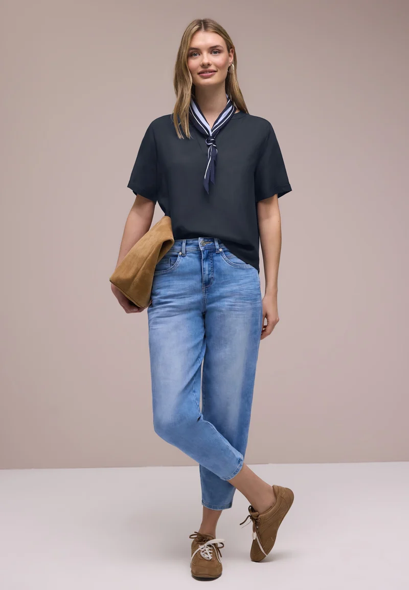 QR Splitneck blouse w turn-up, shadowed navy
