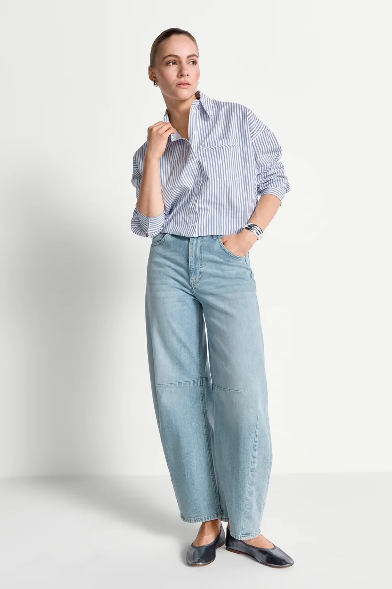 Cotton Striped Balloon Blouse, skyway blue