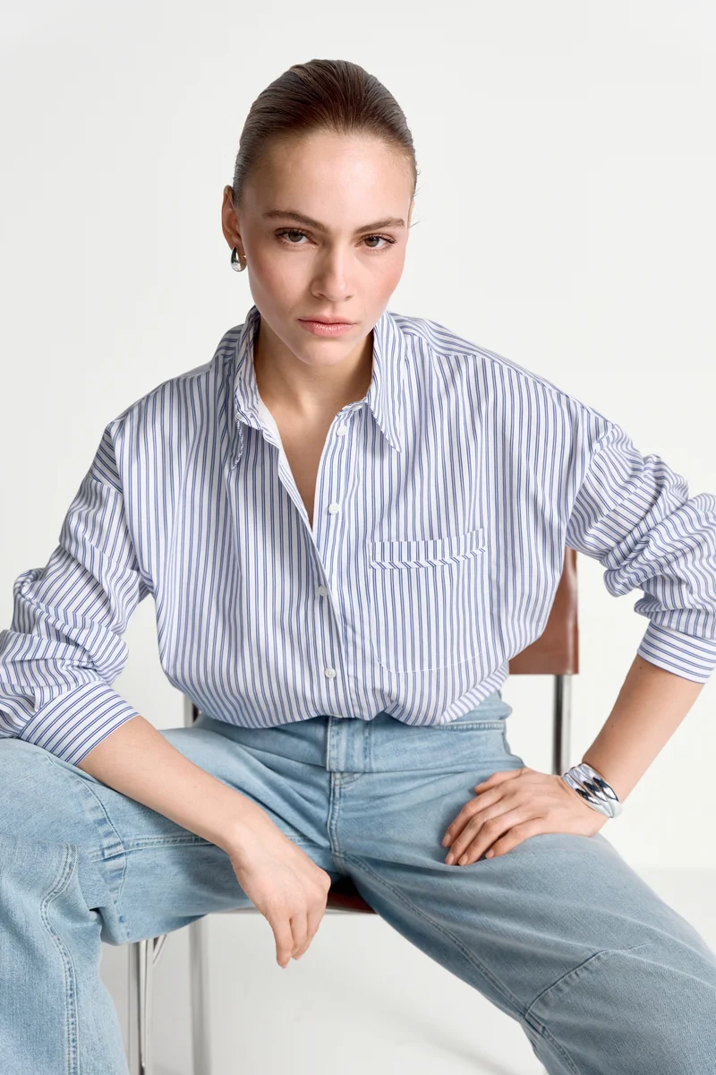 Cotton Striped Balloon Blouse, skyway blue