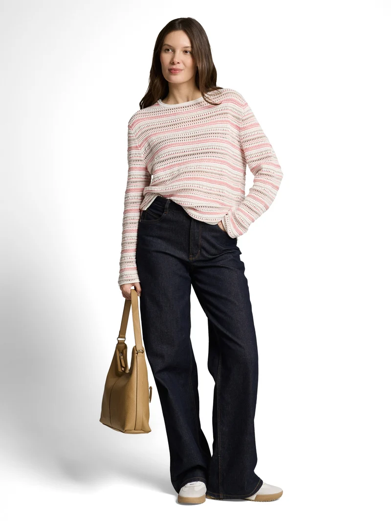 knit structured stripe sweater, pink beige stripe