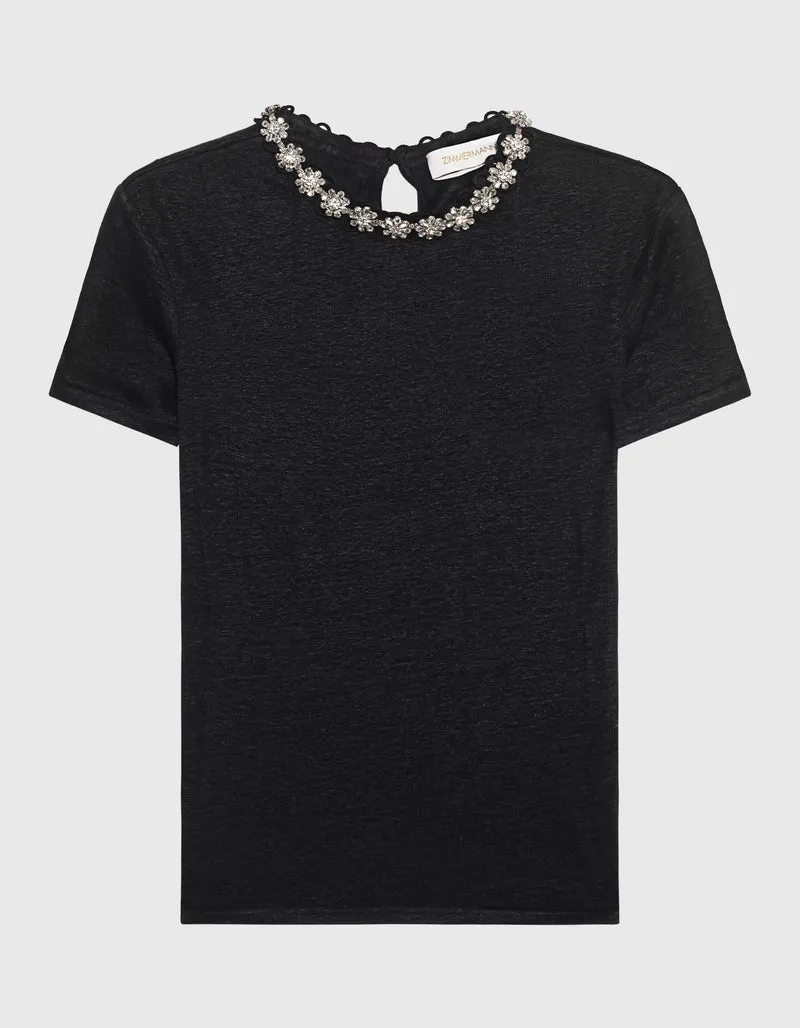 Leinen-T-Shirt mit Schmuckstein-Besatz