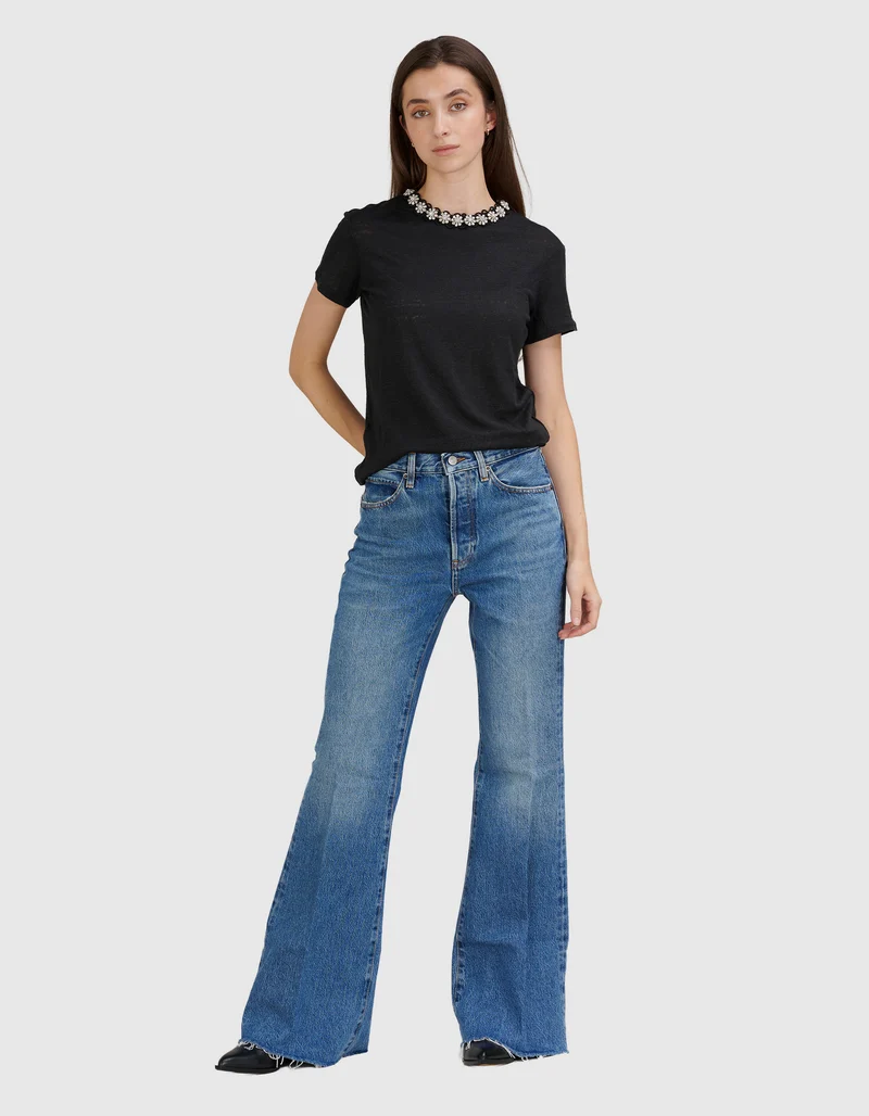 Leinen-T-Shirt mit Schmuckstein-Besatz