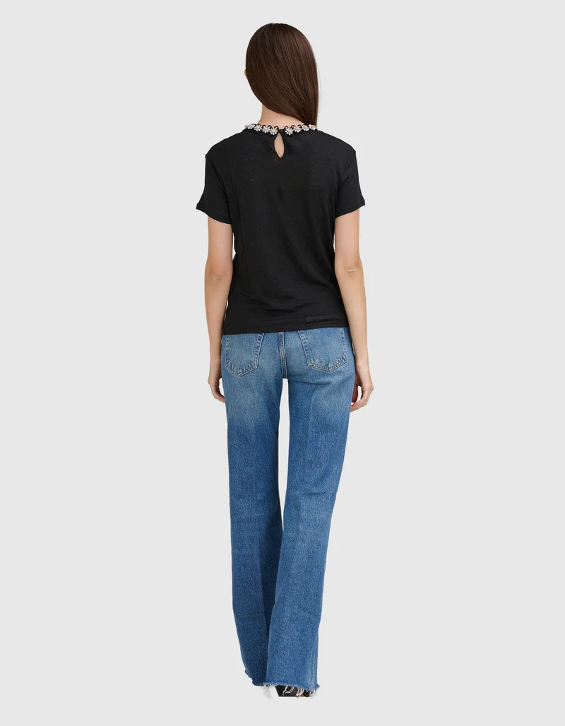 Leinen-T-Shirt mit Schmuckstein-Besatz