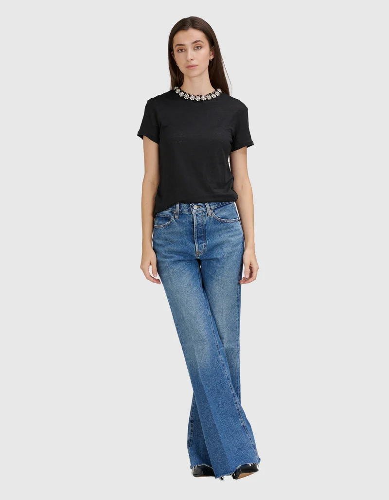 Leinen-T-Shirt mit Schmuckstein-Besatz