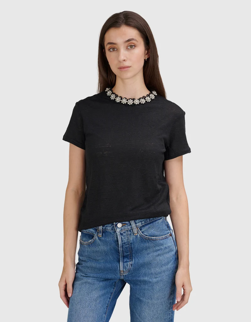 Leinen-T-Shirt mit Schmuckstein-Besatz