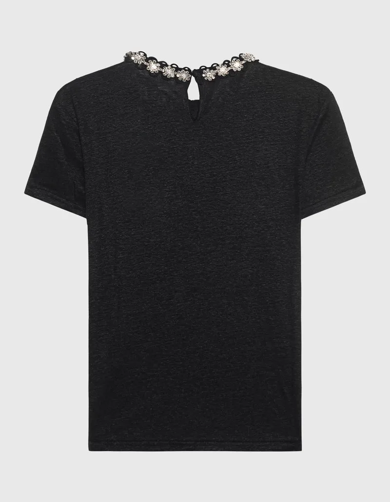 Leinen-T-Shirt mit Schmuckstein-Besatz