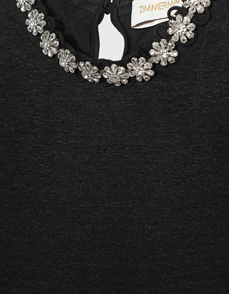 Leinen-T-Shirt mit Schmuckstein-Besatz