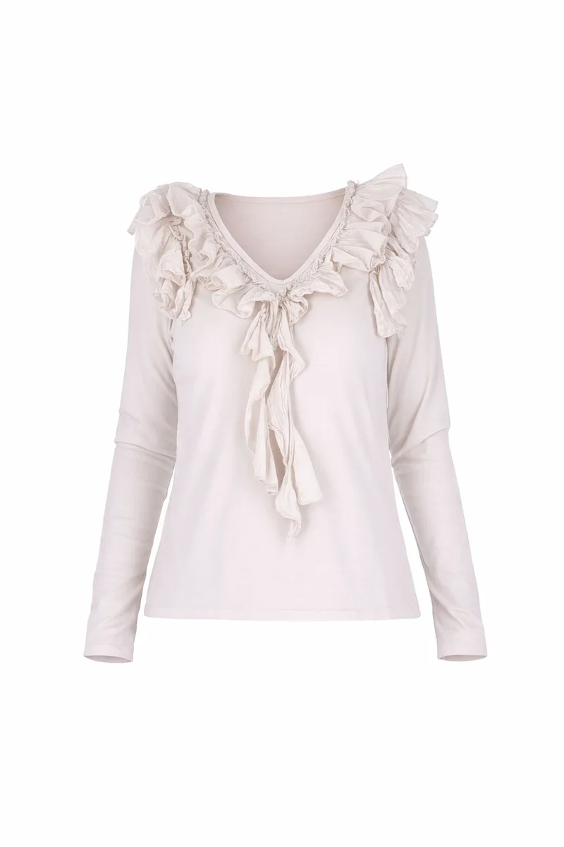 Beiges Damen Langarmshirt mit Rüschen & V-Ausschnitt