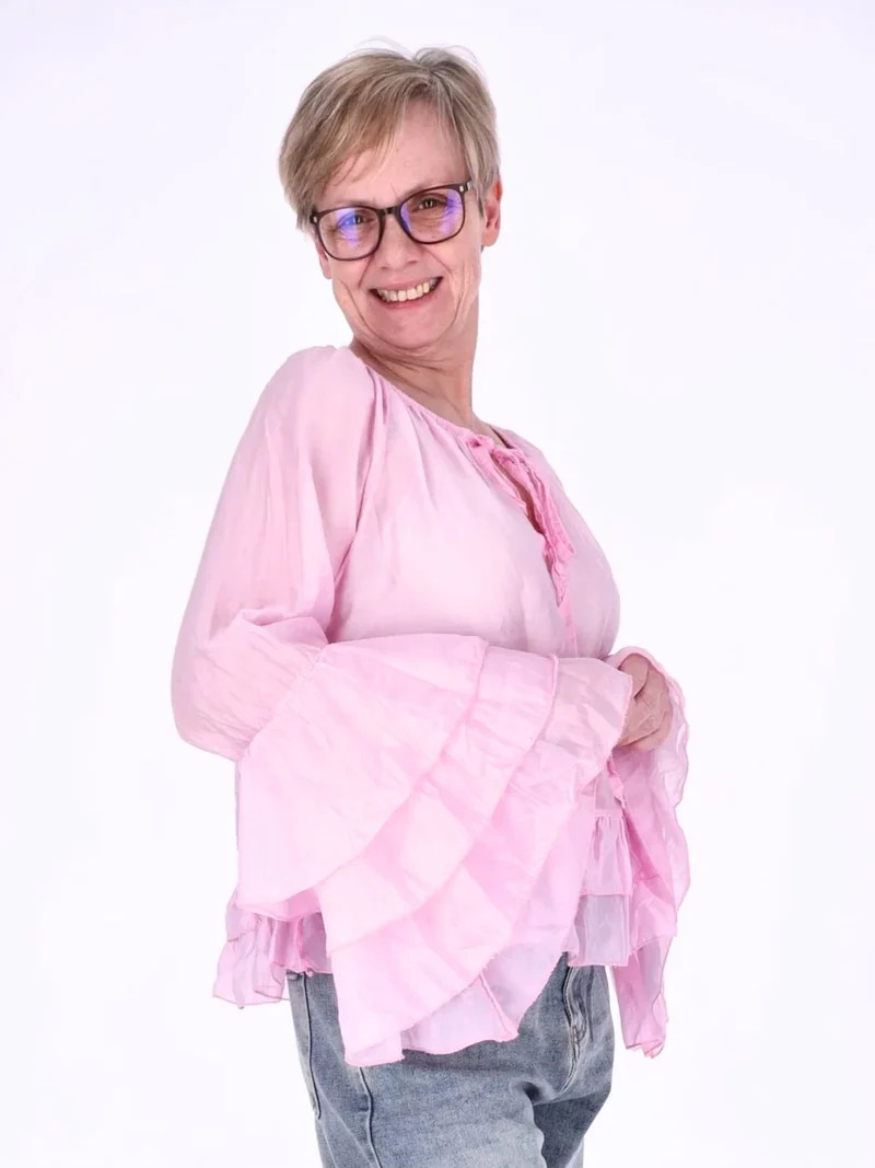 Pinke Damen Blusentunika mit Carmen-Ausschnitt & Trompetenärmeln