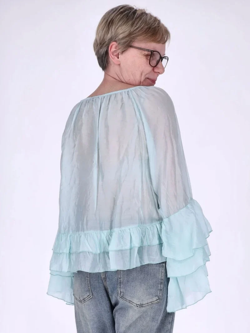 Blaue Damen Blusentunika mit Carmen-Ausschnitt & Trompetenärmeln