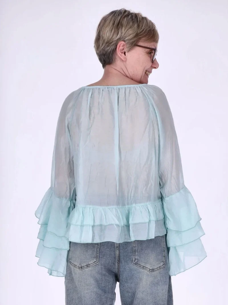 Blaue Damen Blusentunika mit Carmen-Ausschnitt & Trompetenärmeln