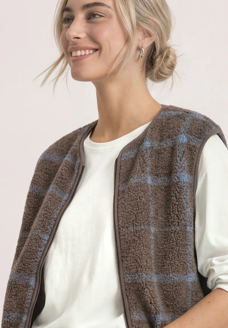 printed teddy vest w.zipper, silk brown