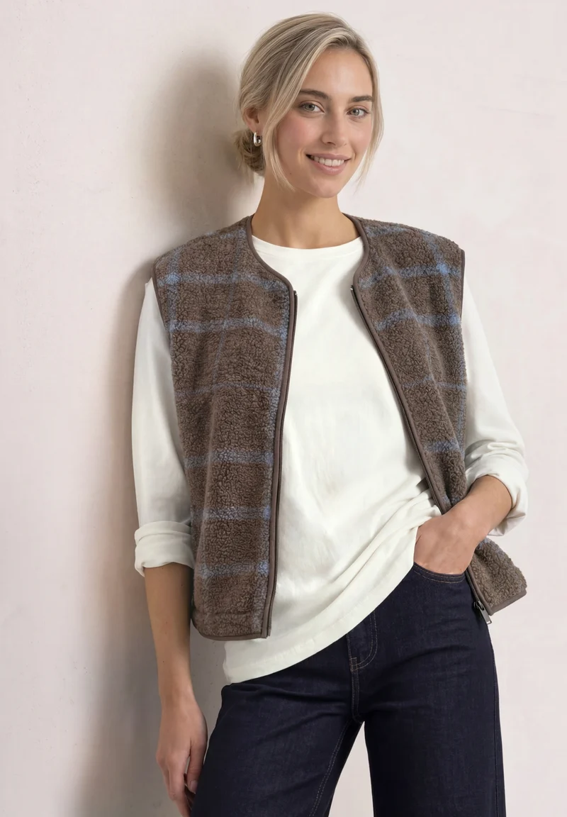 printed teddy vest w.zipper, silk brown
