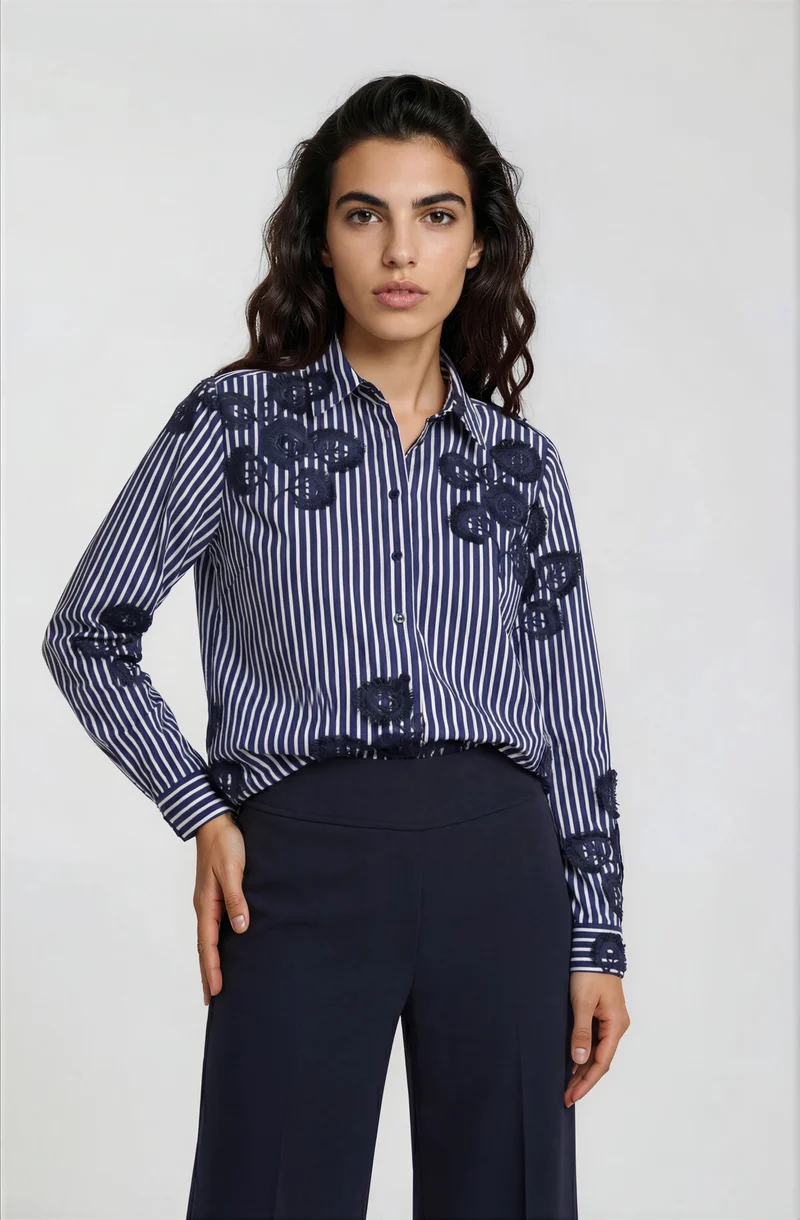 SHIRT BLOUSE 1/1 SLEEVE, NAVY PRINT