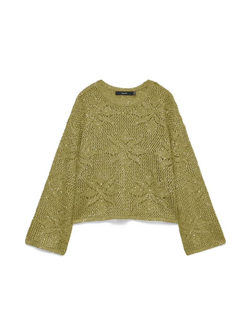 VMLEILANI FLOWER LS O-NECK PULLOVER, Willow/W. SILVER SEQUINS