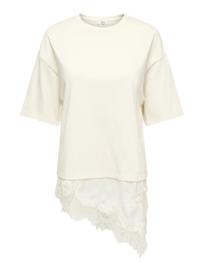 JDYALMA 2/4 LACE DETAIL T-SHIRT JRS, Egret