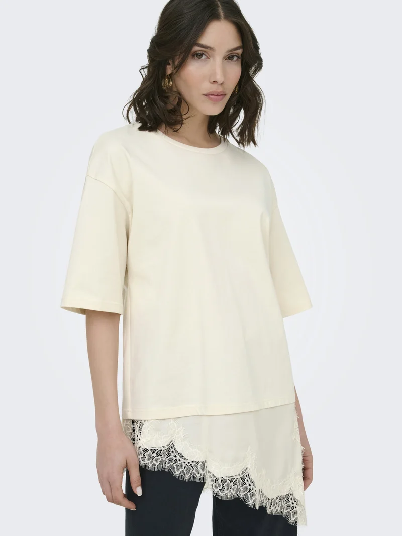 JDYALMA 2/4 LACE DETAIL T-SHIRT JRS, Egret