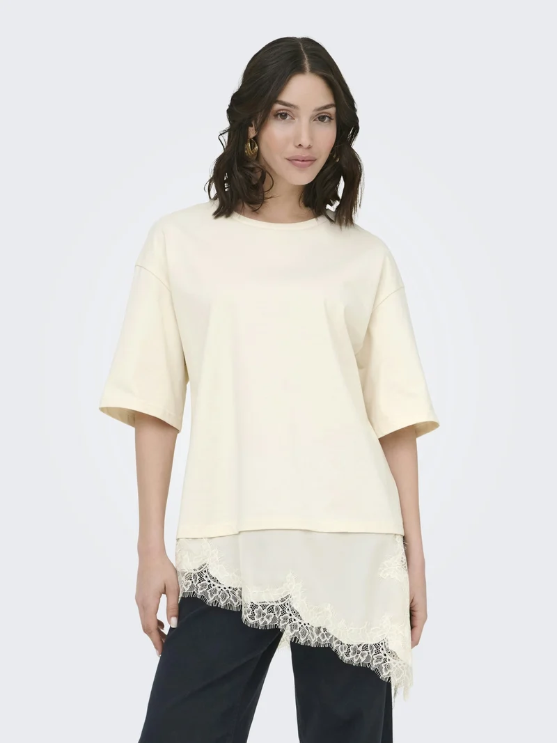 JDYALMA 2/4 LACE DETAIL T-SHIRT JRS, Egret
