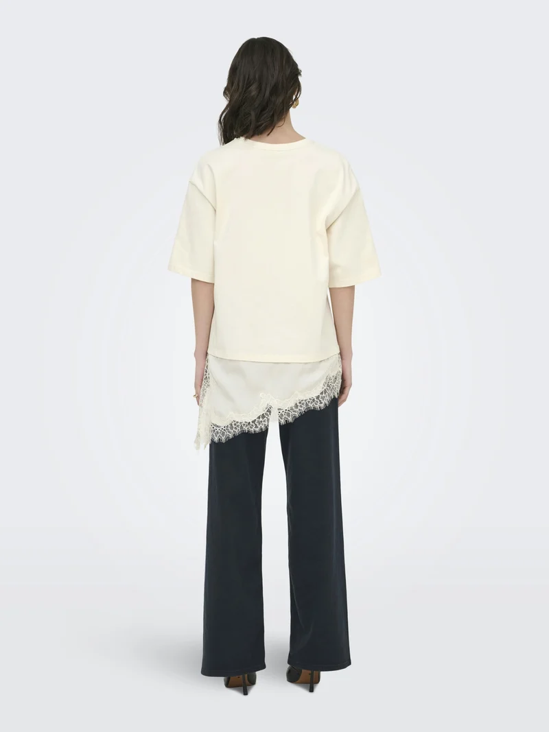 JDYALMA 2/4 LACE DETAIL T-SHIRT JRS, Egret