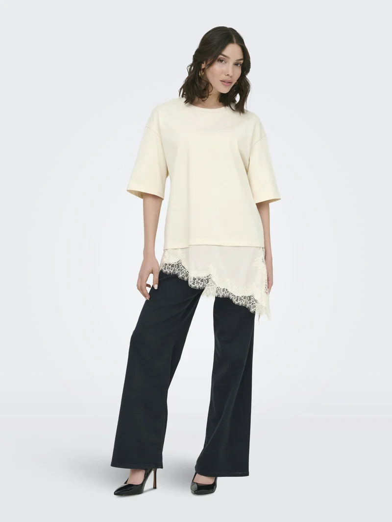 JDYALMA 2/4 LACE DETAIL T-SHIRT JRS, Egret