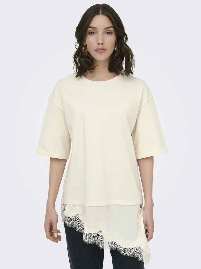 JDYALMA 2/4 LACE DETAIL T-SHIRT JRS, Egret