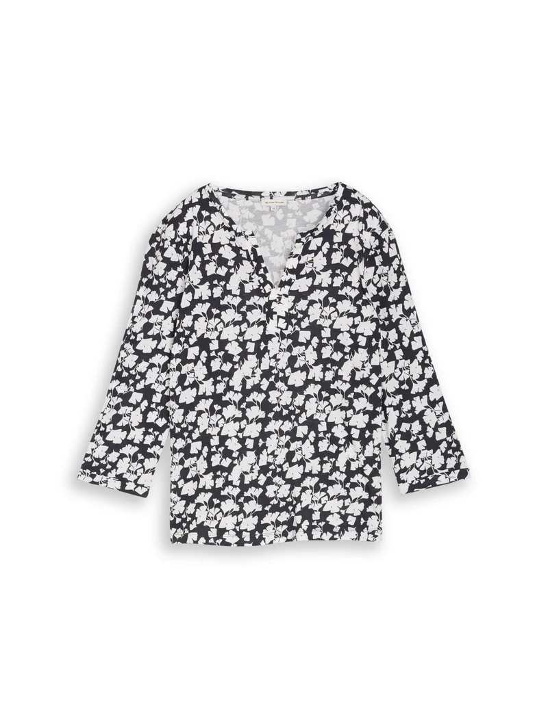 T-shirt henley alloverprint, blue ginkgo minimal