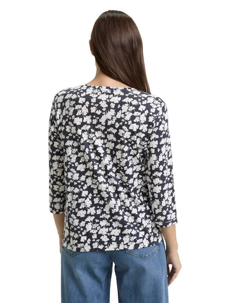 T-shirt henley alloverprint, blue ginkgo minimal