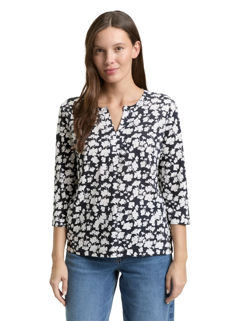 T-shirt henley alloverprint, blue ginkgo minimal