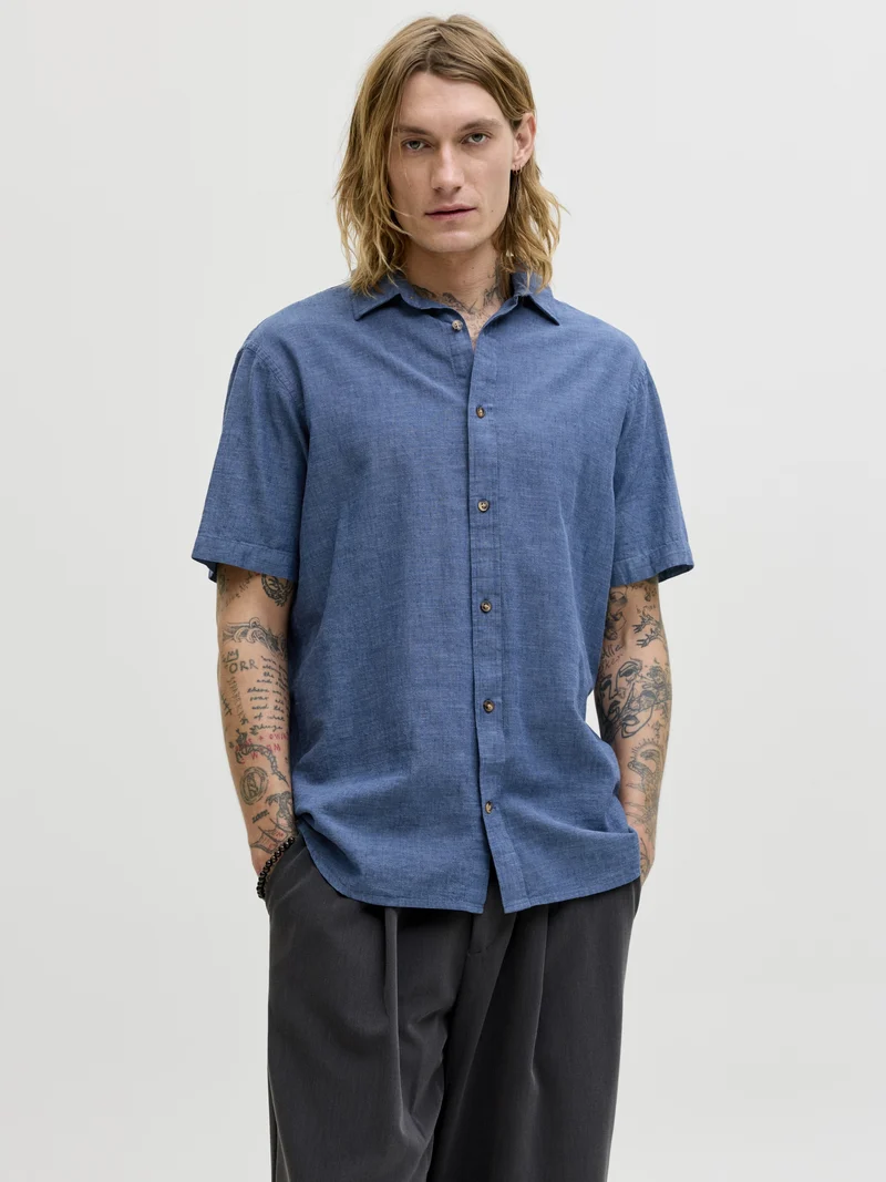 JJESUMMER LINEN BLEND SHIRT S/S SN, Navy Blazer