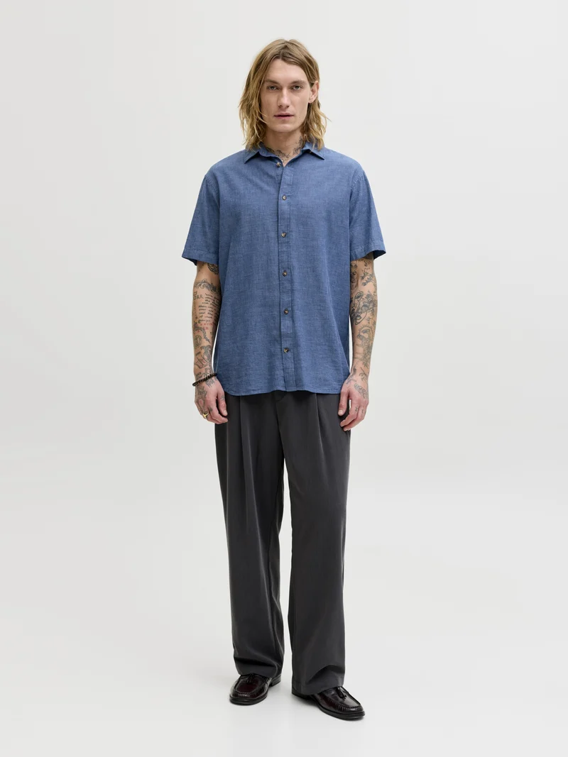 JJESUMMER LINEN BLEND SHIRT S/S SN, Navy Blazer