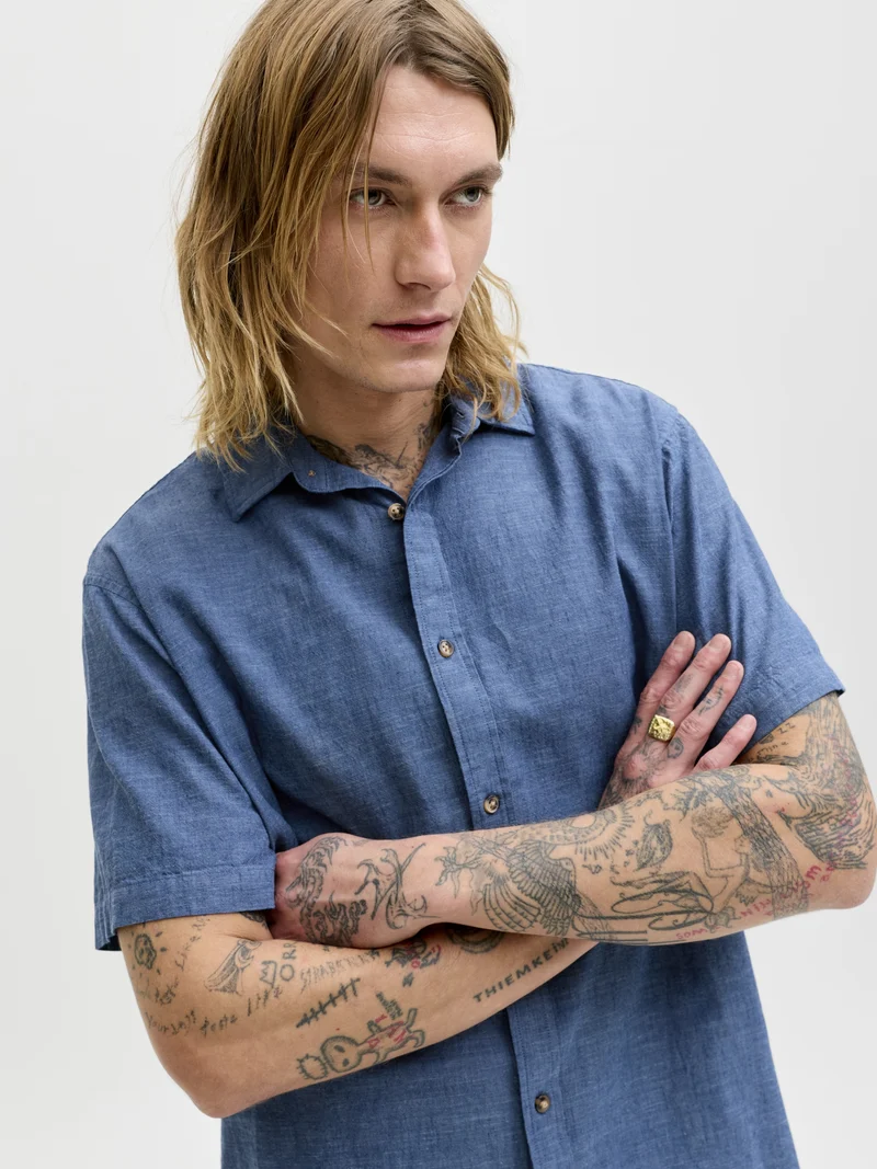 JJESUMMER LINEN BLEND SHIRT S/S SN, Navy Blazer