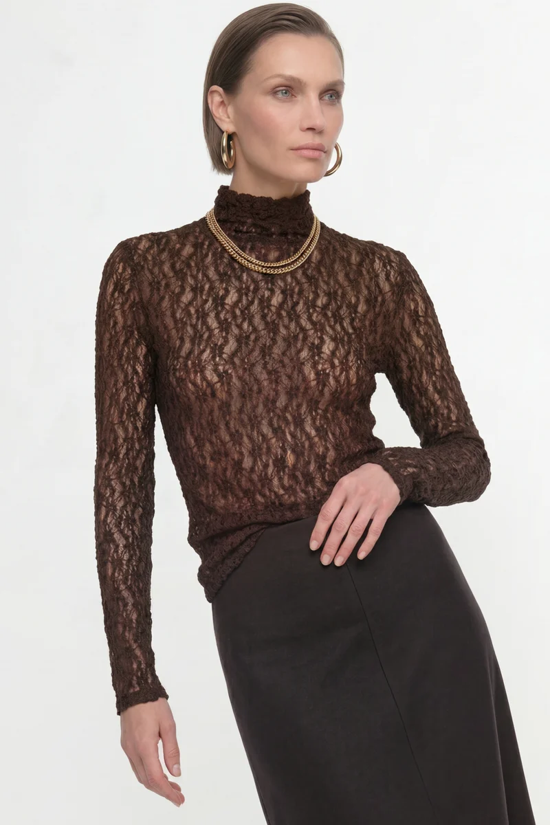 Jersey Lace Turtleneck Longsleeve, chocolate torte