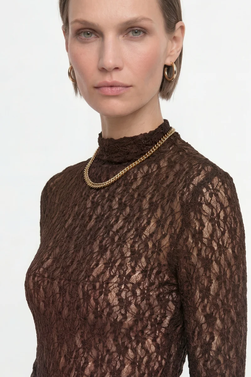Jersey Lace Turtleneck Longsleeve, chocolate torte
