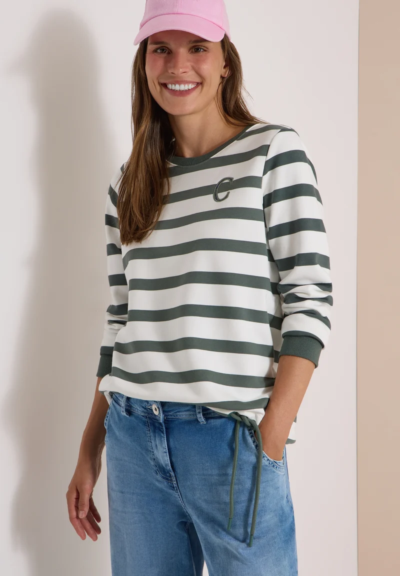 Striped Sweatshirt w. embroide, dried olive green